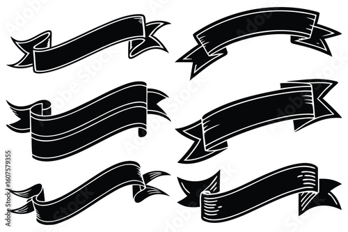 Vintage Black Ribbon Banner Set | Hand-Drawn Vector Scroll Banners (EPS, Editable)