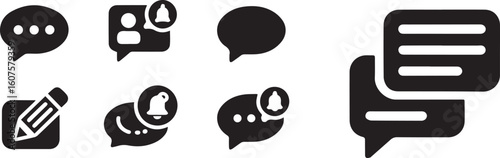Black communication icons featuring speech bubbles and notifications message chat vector bundle collection set pack template elements icons clipart illustration editable flat minimal modern banner pos