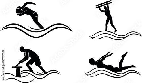 Dynamic People Silhouettes Participating in Water Sports and Activities, Vector