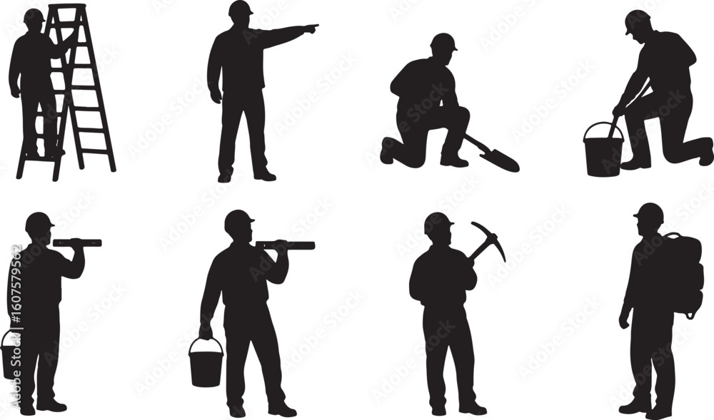 Obraz premium Construction worker silhouettes with tools and ladder, construction worker, silhouette, worker, building, construction, ladder, pickaxe, shovel, bucket, tools, safety helmet, pointing, digging, carryi