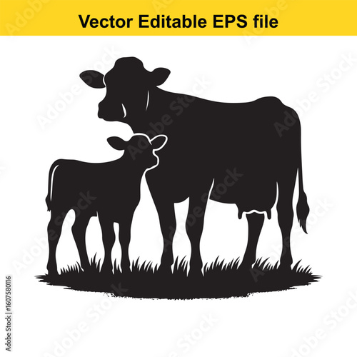 Cow and calf silhouette on grass isolated