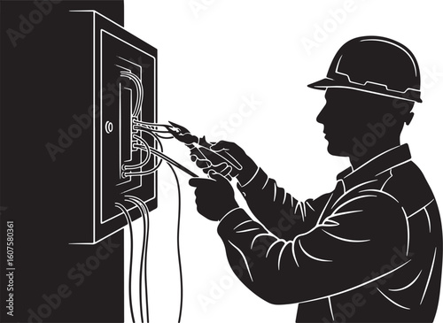 Electrician silhouette working on electrical panel with tools, electrician, silhouette, working, electrical panel, wiring, circuit breaker, tools, pliers, wire stripper, hard hat, safety, construction