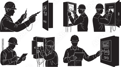 Electrician working on control panel and using tablet device, electrician, technician, worker, man, male, silhouette, hard hat, safety helmet, work, job, profession, electrical, electricity, power, co