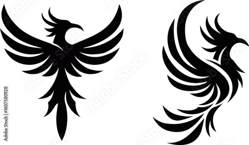 Silhouette of Two Elegant Phoenix Birds, Mythical Creatures with Rising Wings