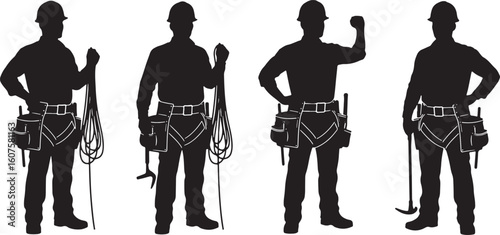 Four Black Silhouettes of Construction Workers with Tools, construction worker silhouette, builder silhouette, worker silhouette, man silhouette, person silhouette, hard hat silhouette, tool belt silh