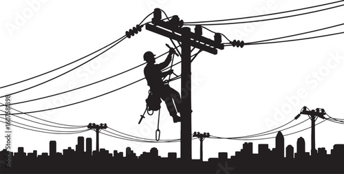 Silhouette lineman working on power lines against city skyline, lineman, electrician, power line worker, utility worker, silhouette, climbing, pole, electricity, power, energy, transmission, distribut