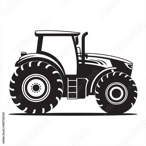 Black and white illustration of a modern agricultural tractor agriculture farm