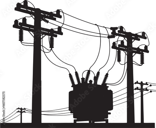 Silhouette of electrical transformer and power poles with wires, electricity, power, energy, transformer, substation, utility, grid, transmission, distribution, infrastructure, poles, wires, cables, i