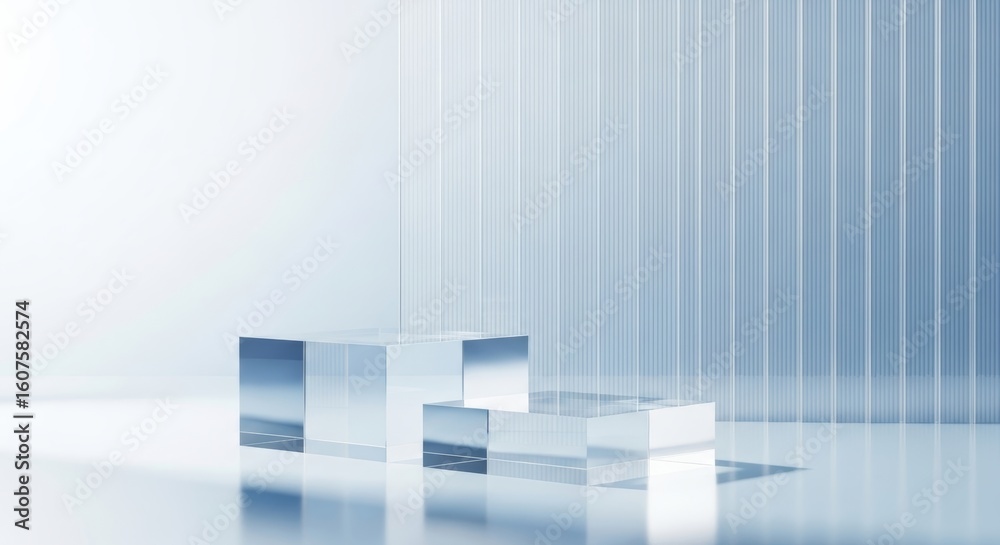 Fototapeta premium Modern acrylic cube display with ribbed background and blue tones