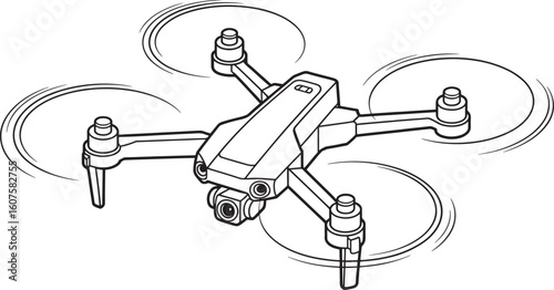 Black and white line art illustration of a quadcopter drone in flight aircraft aerial