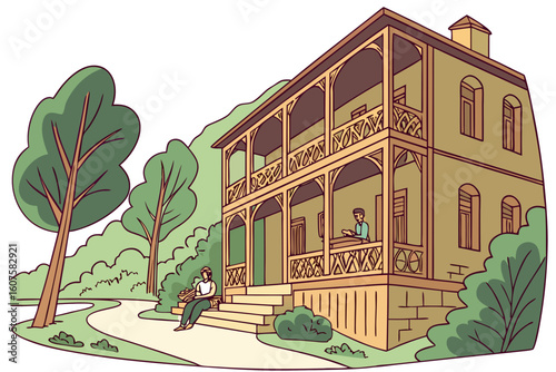 Dilijan’s lush forest streets, wooden balconies with intricate carvings, and hikers stopping for coffee at a local café, modern flat illustration style