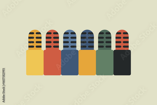 Colorful row of microphones on a neutral background