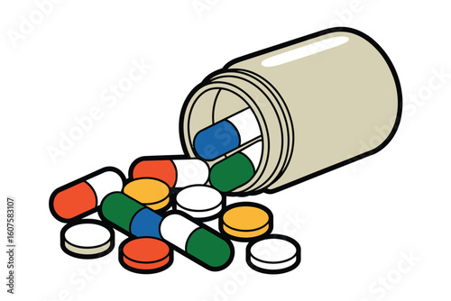 Bottle of colorful pills and capsules spilling out onto a white background