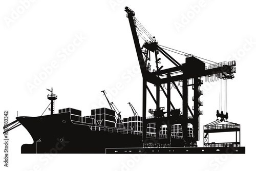 Black silhouette vector of container cargo ship docked at port with large industrial crane