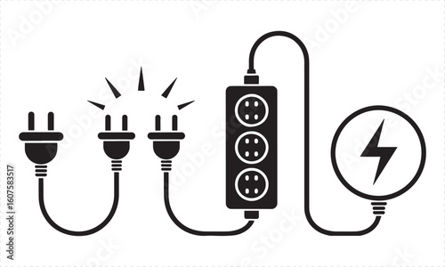 Black electrical plugs and power strip with lightning bolt symbol electricity energy