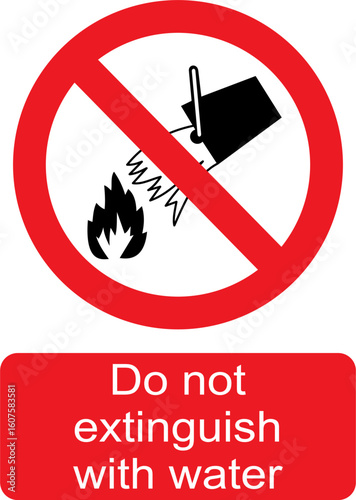 Black, white and red vector graphic of Do not extinguish with water prohibited warning sign
