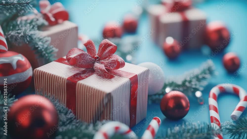 Colorful presents wrapped in red and white, with festive decorations like peppermint candy canes, bows, holiday baubles, and a Christmas tree.