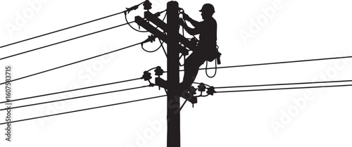 Silhouette of lineman working on power pole with wires, lineman, silhouette, power pole, electricity, utility worker, worker, climbing, working, high voltage, power lines, electrical, infrastructure, 