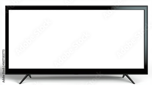 Modern LED TV with sleek black frame and stand, displaying a blank white screen, ideal for product display or advertisement.