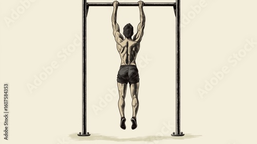 Illustration of a person performing a muscle-up over a pull-up bar, fully above the bar, with a light background.