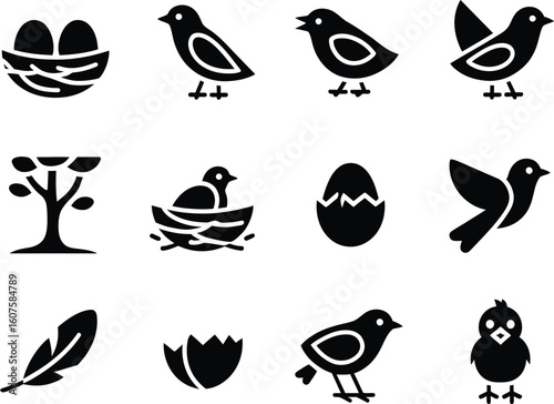 Collection of black bird icons featuring nests eggs chicks and trees