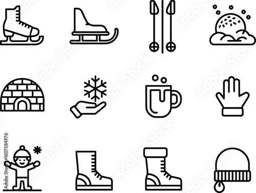 Collection of winter activity icons and symbols for seasonal design