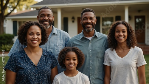  Portrait of blended family standing in front yard at home 