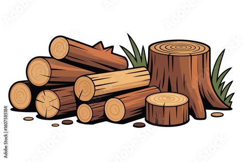 Pile of cut logs and a tree stump with grass and wood chips