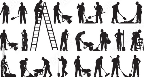 Silhouettes of construction workers with shovels and wheelbarrows, construction worker, silhouette, shovel, wheelbarrow, ladder, digging, moving dirt, labor, manual labor, outdoor, industry, building,