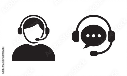 Black silhouette icons of person with headset and speech bubble communication microphone