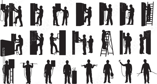 Silhouettes of electricians working with electrical panels and wires, electrician, silhouette, electrical panel, wiring, cable, power, energy, construction, industry, worker, man, male, person, job, p