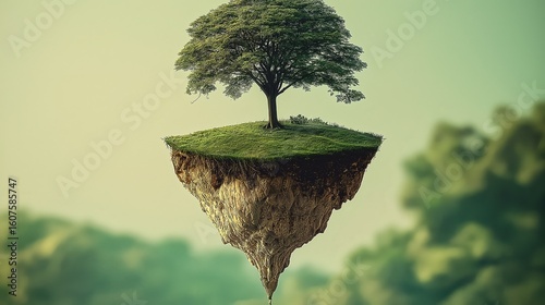 Lone tree on a floating island of earth symbolizing isolation, balance, and imagination.