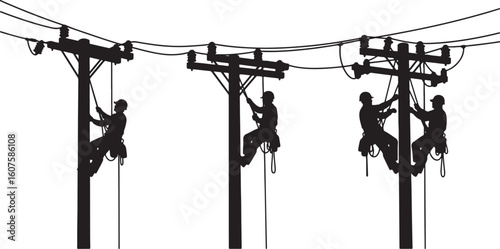 Silhouettes of linemen working on utility poles with power lines, lineman, utility pole, power line, worker, silhouette, electricity, infrastructure, climbing, working, maintenance, repair, constructi
