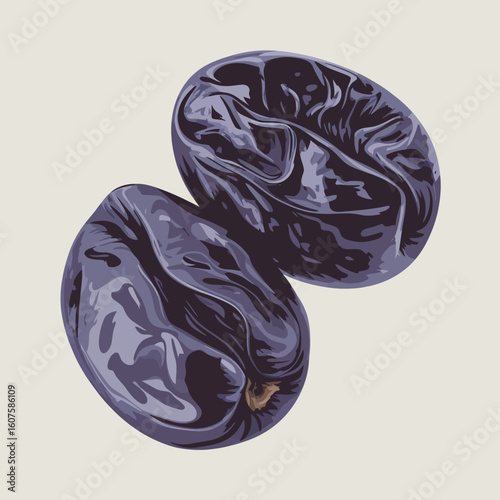 Two dark purple coffee beans with a light background