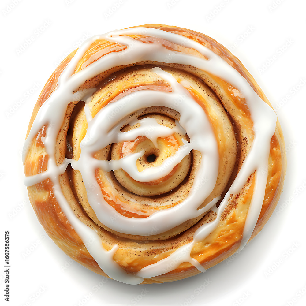 Fototapeta premium A freshly baked cinnamon roll topped with a generous swirl of white icing.