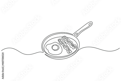 Simple line art drawing of bacon and eggs cooking in a frying pan