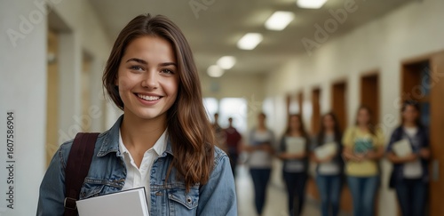 Portrait of happy female student wearing jacket holding books in college corridor