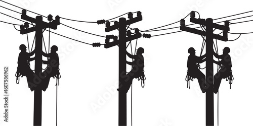 Silhouettes of linemen working on utility poles with wires, lineman, power line, utility pole, electricity, worker, silhouette, high voltage, electrical, maintenance, repair, construction, industry, e