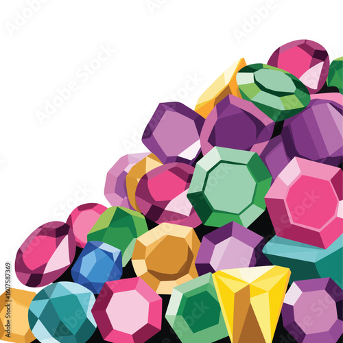 A colorful pile of geometric gemstones and jewels