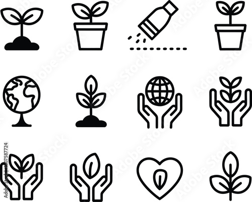 Collection of line icons representing growth and environmental care