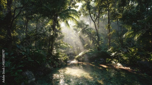 Serene Jungle Glade with Sunlight Streaming Through Leaves