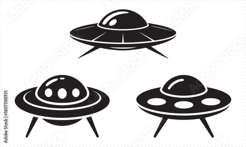 Three black flying saucer icons on white background alien spaceship extraterrestrial