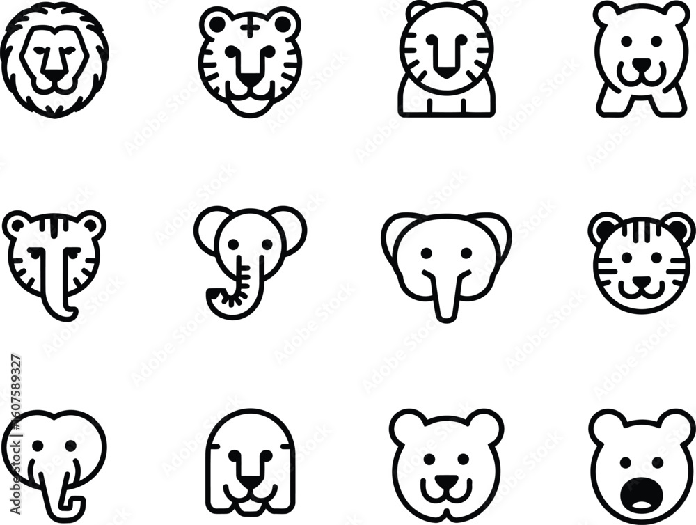 Obraz premium Collection of stylized animal face icons including lions tigers and elephants