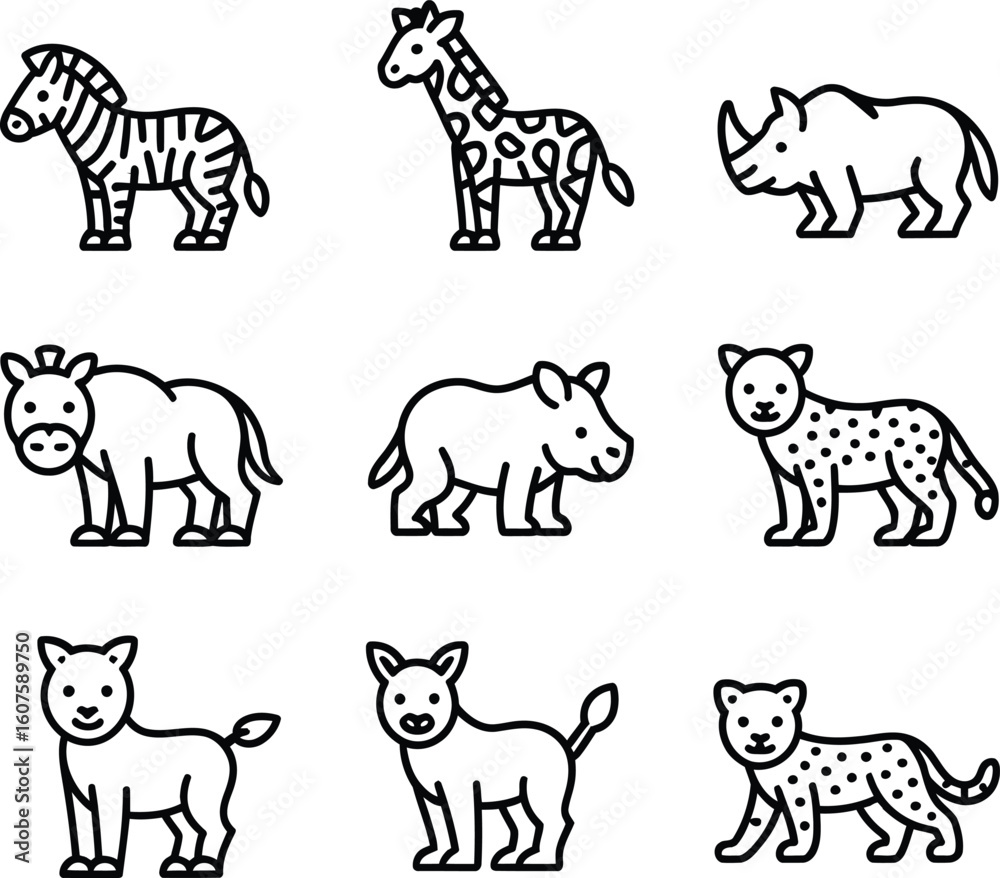 Fototapeta premium Cute cartoon safari animals collection doodle style