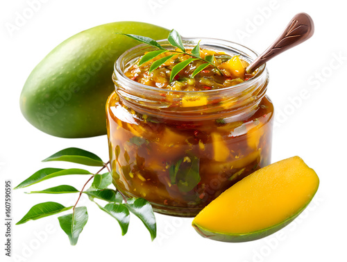 Delicious sweet and sour mango pickle in a glass jar Prepared from fresh green raw mango popular in South and Southeast Asia on white background