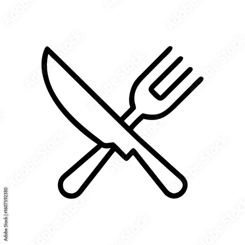 Minimalista outline vetor ícone garfo e faca cruzados isolado no branco, simboliza refeição e gastronomia