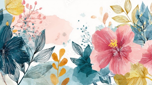 Flower watercolor art background vector. Wallpaper design with floral paint brush line art. leaves and flowers nature design for cover, wall art, invitation, fabric, poster, canvas print., no logos, 