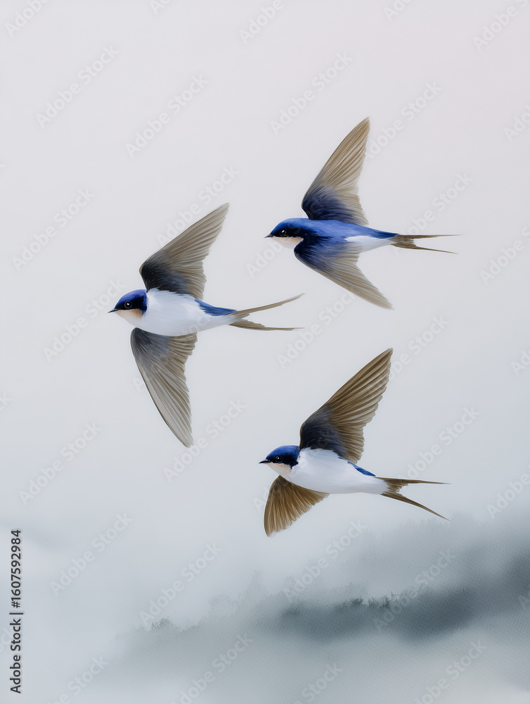 Obraz premium Three swallows soaring gracefully through the air, wings spread wide against the overcast sky