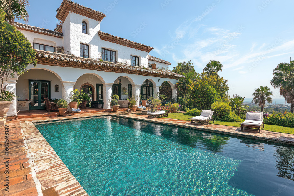 Fototapeta premium Luxury Mediterranean villa with pool and lush garden. The image shows a spacious terrace with arches, sun loungers for relaxing by the water 