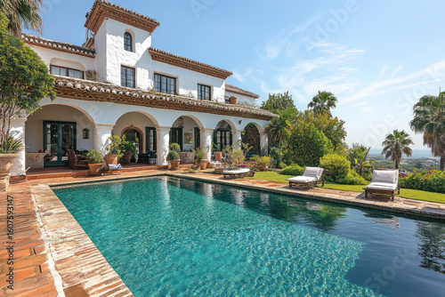 Wallpaper Mural Luxury Mediterranean villa with pool and lush garden. The image shows a spacious terrace with arches, sun loungers for relaxing by the water  Torontodigital.ca